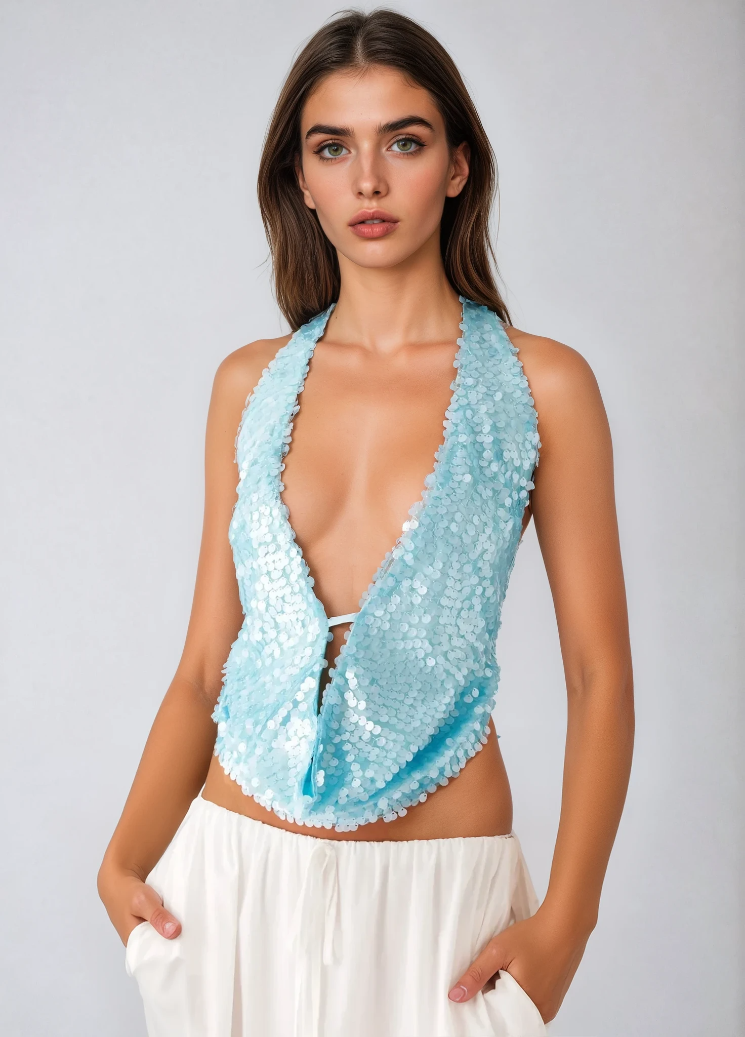 Hillevi – Azurrblå topp med draperad krage