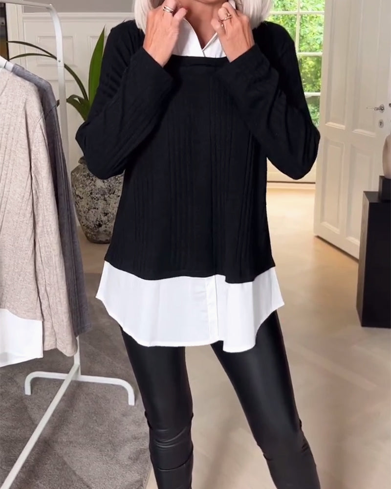 Avslappnad, falsk tvådelad topp med lapptäcke och lång ärm