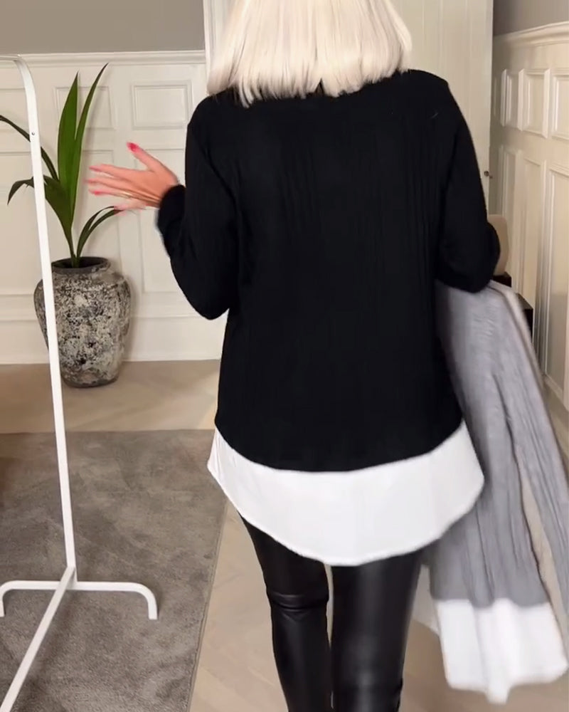 Avslappnad, falsk tvådelad topp med lapptäcke och lång ärm